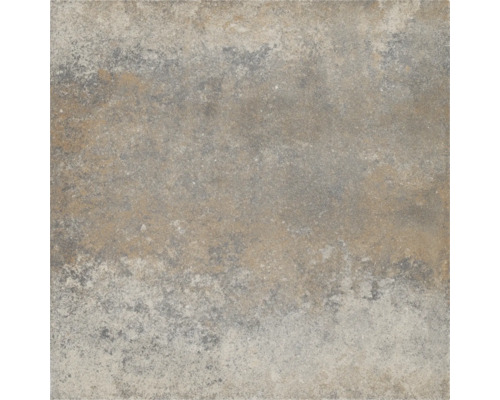 Vierkante vloertegel met steenlook en een gestructureerd oppervlak in grijs en beige.