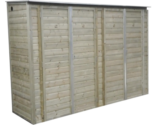 Houten containerombouw voor vier containers met plat dak en horizontale houten latten voor buiten.