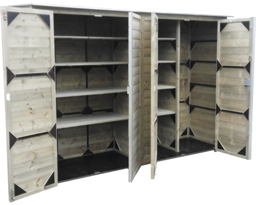 Grote houten tuinkast met open dubbele deuren en geïntegreerde legplanken.