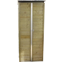 Houten tuinkast met dubbele deur, horizontale lamellen en metalen strip.