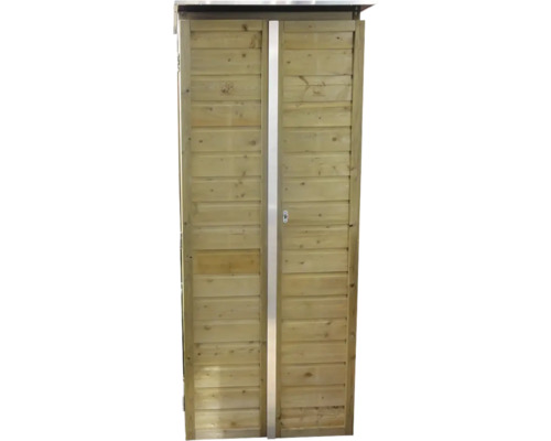 Houten tuinkast met dubbele deur, horizontale lamellen en metalen strip.