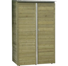 Houten tuinkast met twee deuren en horizontale panelen voor het opbergen van tuinbenodigdheden.