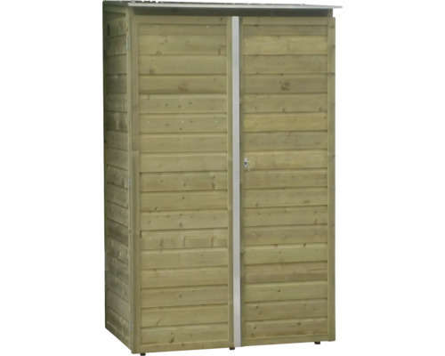 Houten tuinkast met twee deuren en horizontale panelen voor het opbergen van tuinbenodigdheden.