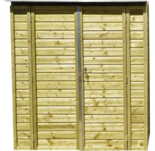 Houten tuinkast met dubbele deur en horizontale lamellen voor het opbergen van tuinbenodigdheden.