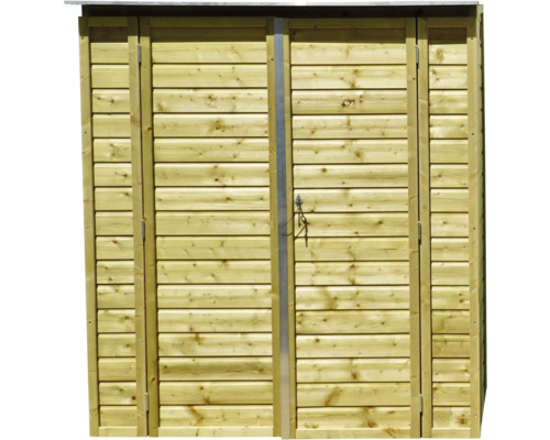 Houten tuinkast met dubbele deur en horizontale lamellen voor het opbergen van tuinbenodigdheden.