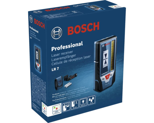 Bosch Professional laserontvanger LR 7 set inclusief houder, batterijen en beschermetui met stof- en spatwaterbescherming IP 54.