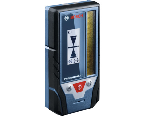 Bosch laserontvanger Professional LR 7 met display voor uitlijningsindicatoren, bedieningsknoppen en sensorvenster. Bosch Logo.