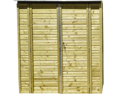Houten tuinkast met dubbele deur, horizontale houten latten en slot.