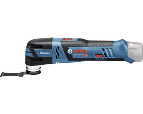 Bosch Professional accu-multitool GOP 12 Volt-28 in blauw en zwart met Starlock-aansluiting en gemonteerd zaagblad.