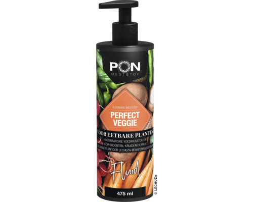 Vloeibare meststof Lechuza PON Perfect Veggie voor eetbare planten, groenten, kruiden en fruit in een 475 milliliter pompfles.