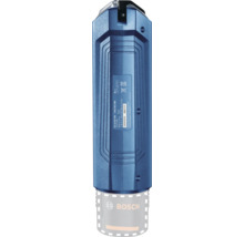 Achteraanzicht van een blauwe Bosch accu werklamp GLI 10,8 Volt met technische specificaties op het label en een gestructureerde behuizing.