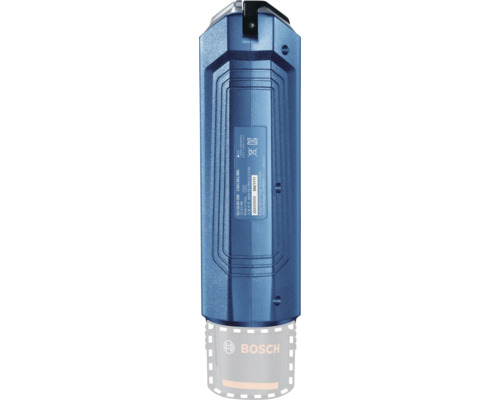 Achteraanzicht van een blauwe Bosch accu werklamp GLI 10,8 Volt met technische specificaties op het label en een gestructureerde behuizing.