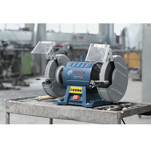 Bosch Professional dubbele slijpmachine met twee slijpschijven en vonkenbescherming op een metalen tafel in een georganiseerde werkplaats.