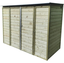 Houten afvalcontainerbox voor vier containers met horizontale latten en plat dak.