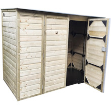 Houten kliko-ombouw voor drie afvalcontainers, één deur open, horizontale houten planken.