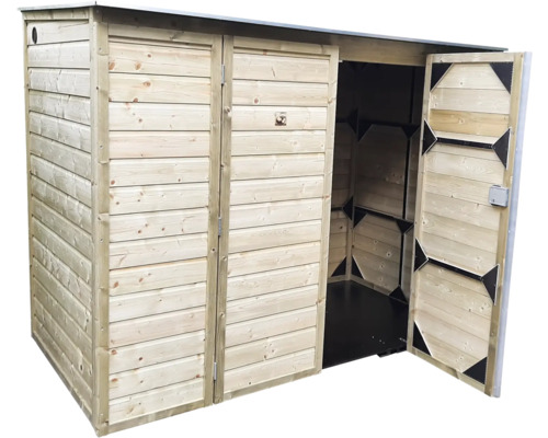 Houten kliko-ombouw voor drie afvalcontainers, één deur open, horizontale houten planken.