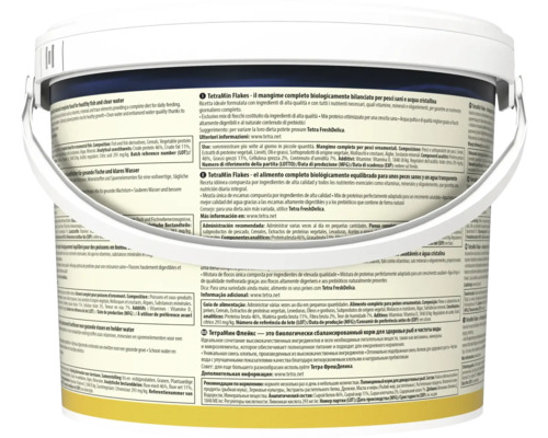 TetraMin Flakes hoofdvoer voor siervissen in een grote witte emmer, achteraanzicht met gedetailleerde productinformatie in meerdere talen.