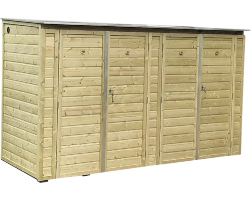 Houten kliko-ombouw voor vier afvalcontainers met afsluitbare deuren en een plat dak.