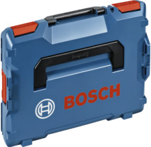 Blauwe Bosch gereedschapskoffer L-Boxx van kunststof met zwarte handgrepen en rode kliksluitingen.
