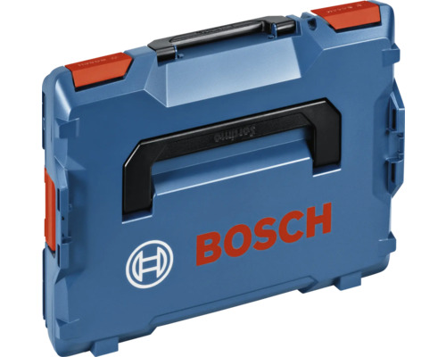 Blauwe Bosch gereedschapskoffer L-Boxx van kunststof met zwarte handgrepen en rode kliksluitingen.