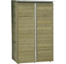 Houten tuinkast met dubbele deur en horizontale profilering.