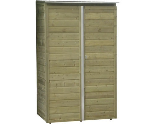 Houten tuinkast met dubbele deur en horizontale profilering.