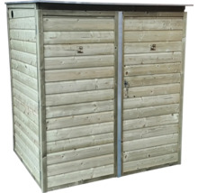 Houten kliko-ombouw met twee deuren en plat dak voor gebruik in de tuin.