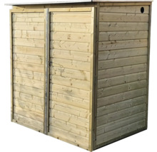 Houten tuinkast met dubbele deuren, plat dak en horizontale panelen voor het opbergen van gereedschap.