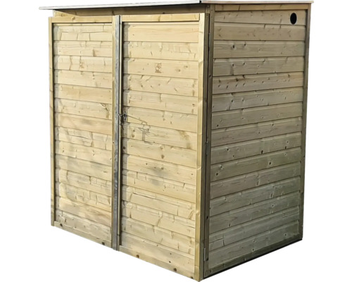 Houten tuinkast met dubbele deuren, plat dak en horizontale panelen voor het opbergen van gereedschap.