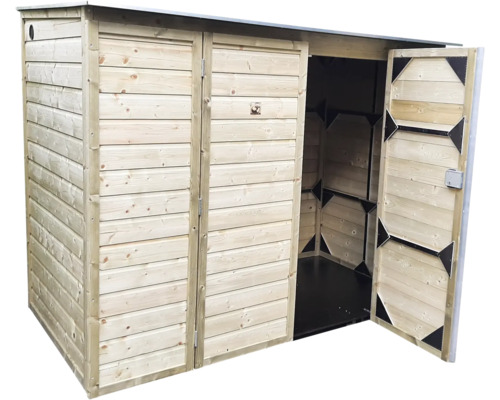 Afvalcontainerberging van hout voor drie containers, met drie deuren, één deur geopend, lessenaarsdak.