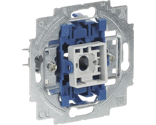 Basiselement voor schakelaar met metalen draagring en blauwe kunststof behuizing voor inbouwmontage.