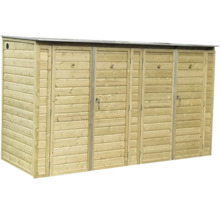 Houten afvalcontainerbox voor drie containers met horizontale latten en voordeuren.