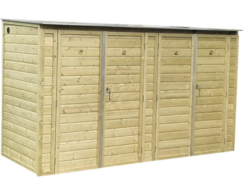 Houten afvalcontainerbox voor drie containers met horizontale latten en voordeuren.