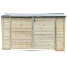 Houten afvalcontainerberging met metalen dak en twee deuren voor buiten.