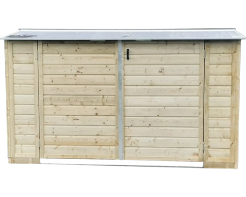 Houten afvalcontainerberging met metalen dak en twee deuren voor buiten.