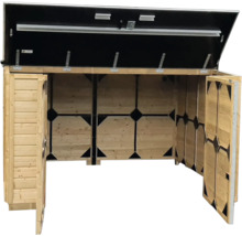 Houten containerberging voor twee containers met geopend deksel, twee open deuren en zwart metalen frame aan de binnenzijde.