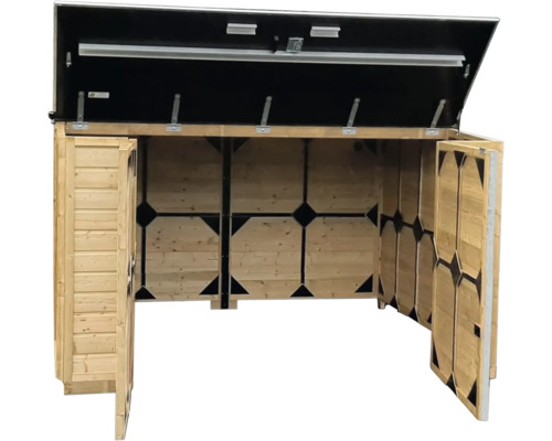 Houten containerberging voor twee containers met geopend deksel, twee open deuren en zwart metalen frame aan de binnenzijde.