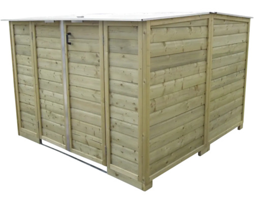 Houten afvalcontainerbox met dubbele deuren en horizontale planken voor buiten.