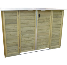 Houten containerombouw voor drie kliko's met plat dak en handgrepen.