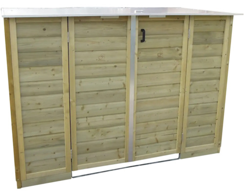 Houten containerombouw voor drie kliko's met plat dak en handgrepen.