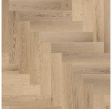 Vloerbedekking met eikenlook in visgraatpatroon en natuurlijke houtstructuur.