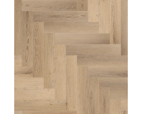 Vloerbedekking met eikenlook in visgraatpatroon en natuurlijke houtstructuur.