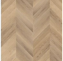 Vloerbekleding met chevronpatroon en houtstructuur.
