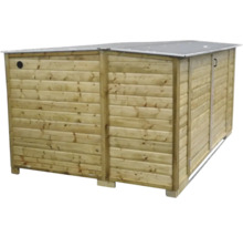 Houten containerombouw met plat dak en zijdeur voor in de tuin.