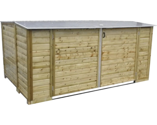 Houten kliko-ombouw met plat dak, dubbele voordeuren en een zijdeur.