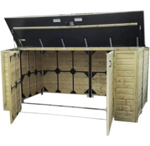 Houten tuinbox met geopende deuren en deksel, zwart metalen frame aan de binnenzijde.