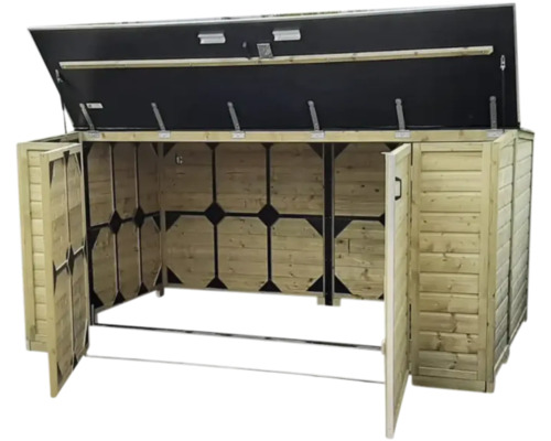 Houten tuinbox met geopende deuren en deksel, zwart metalen frame aan de binnenzijde.