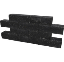 Rechthoekige steenstrips van zwart beton met een gespikkelde structuur voor wandafwerking.