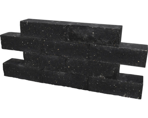 Rechthoekige steenstrips van zwart beton met een gespikkelde structuur voor wandafwerking.