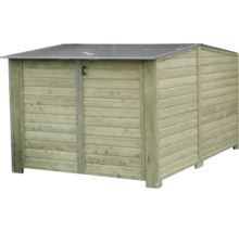 Houten containerombouw met metalen deksel voor twee vuilnisbakken.